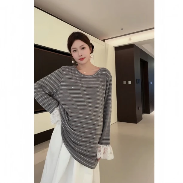 senenmu 蕾丝条纹t 春秋新款显瘦宽松遮肉条纹T恤孕妇装