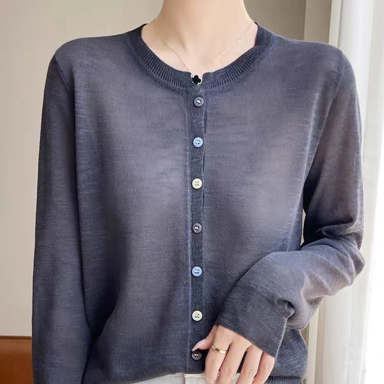 夏季女士竹节麻圆领薄款长袖宽松针织衫外搭空调衫洋气百搭上衣