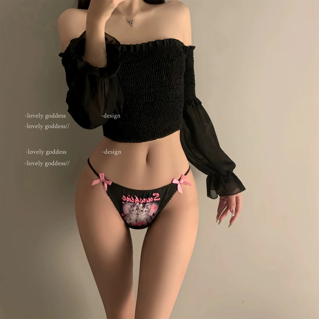 【咿呀专属】小野猫~法式可爱蝴蝶结猫咪卡通图案小仙女性感内裤