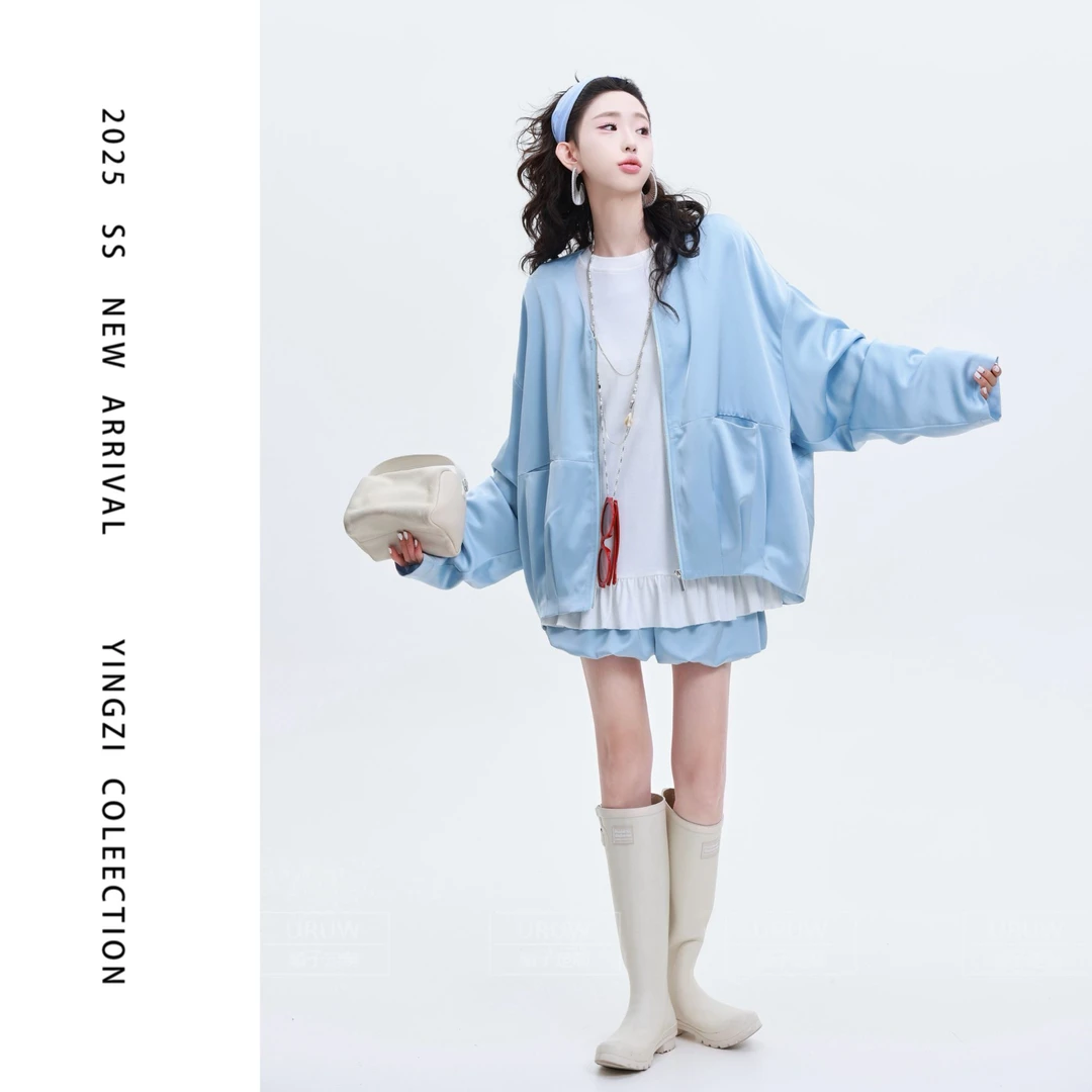 颖子定制【高光时刻】休闲缎面棒球服夹克外套高腰花苞A字短裙6673