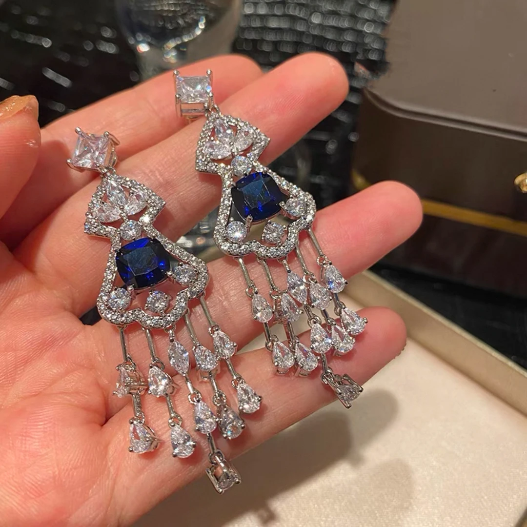 铜合金耳饰 2740-0117新款宝蓝锆石新娘礼服敬酒轻奢耳钉