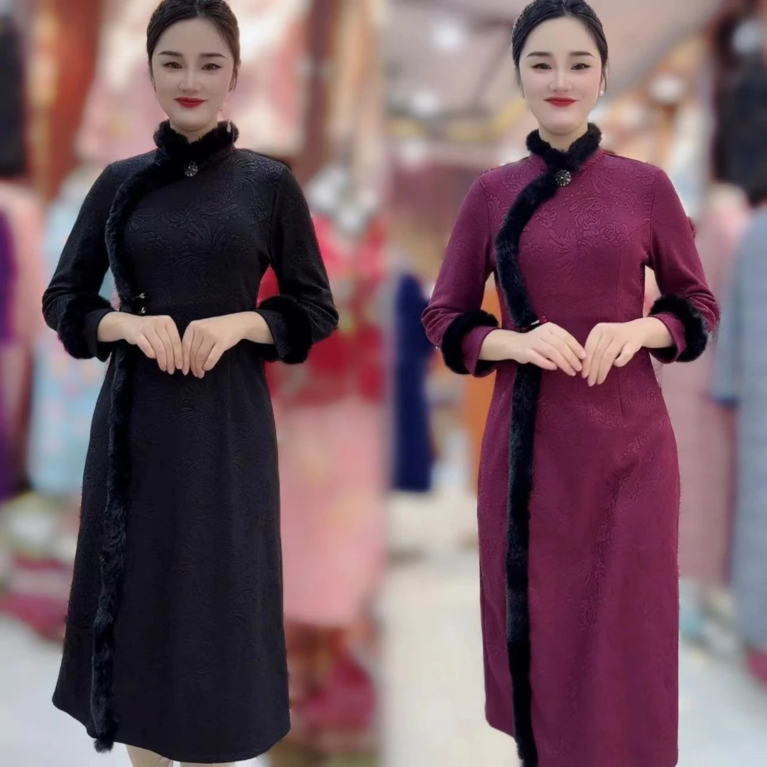 0253A版超柔牛奶绒冬季新款加绒加厚旗袍裙（裙长118）