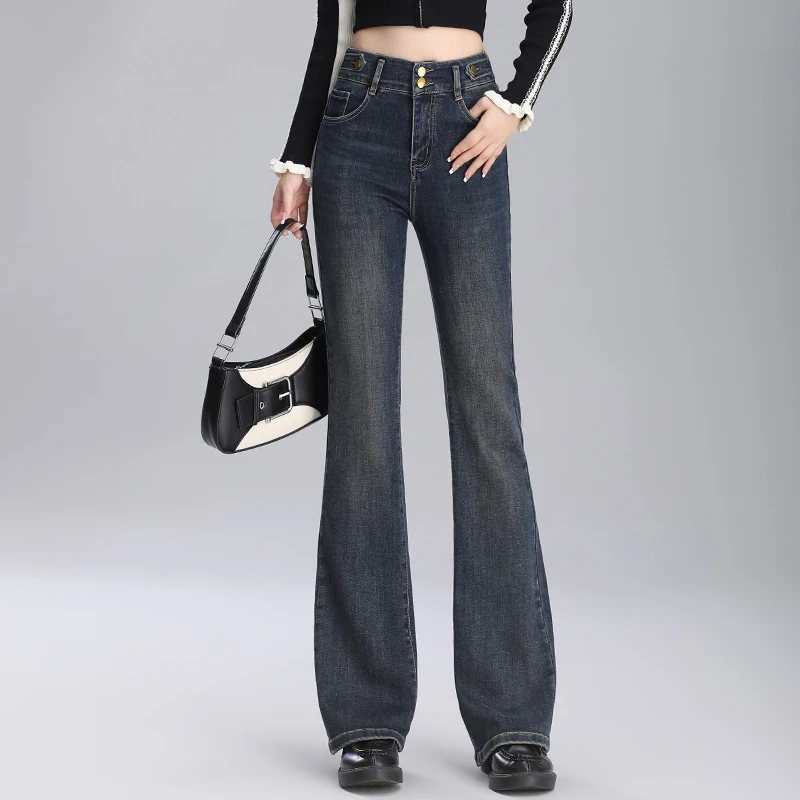 2025春秋季高腰双扣微喇裤子女显瘦时尚百搭弹力做旧高腰牛仔裤