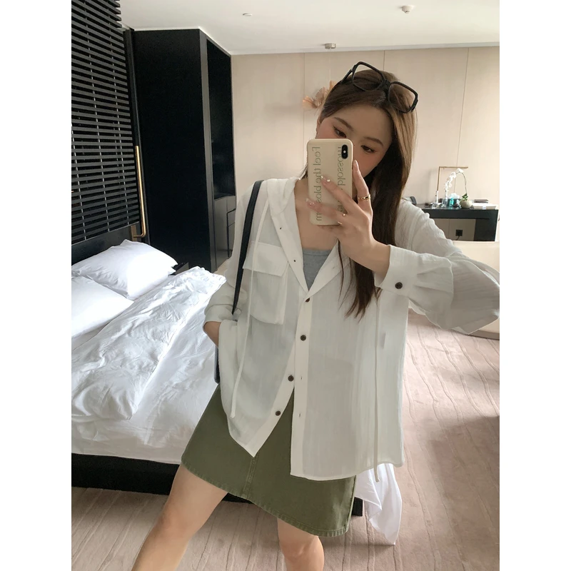 【ALINDM年终大清仓】胖mm宽松衬衫夏季200斤连帽开衫外套女AS25595