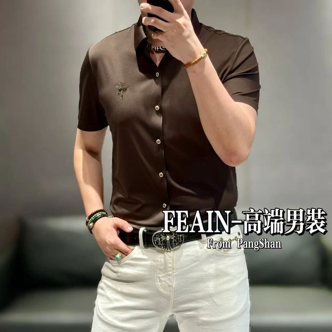 夏凉轻薄弹力莱卡小老头奥钻纽扣短袖衬衫5567