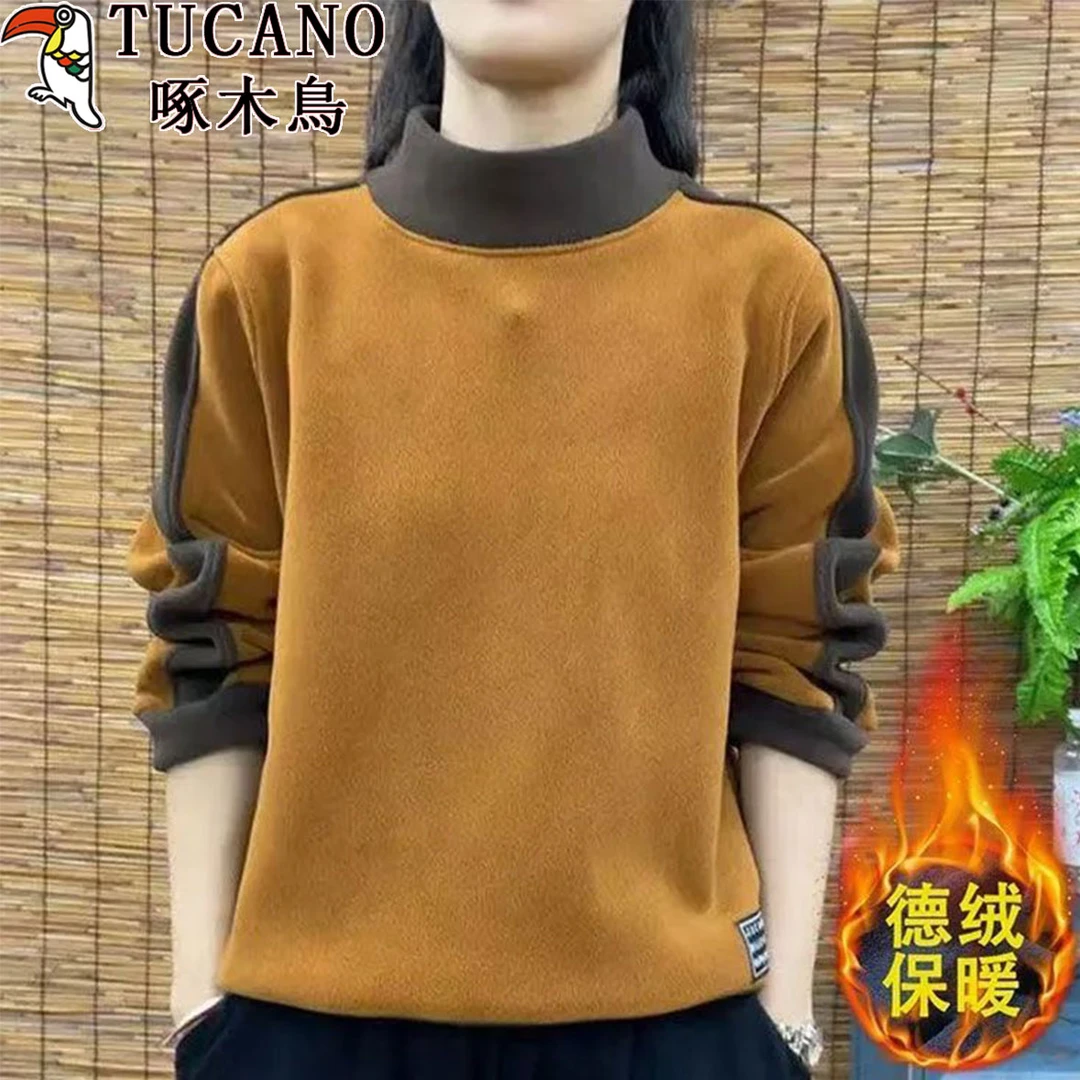 啄木鸟长袖女装2025秋冬款双面德绒时尚拼接半高领气质套头上衣服