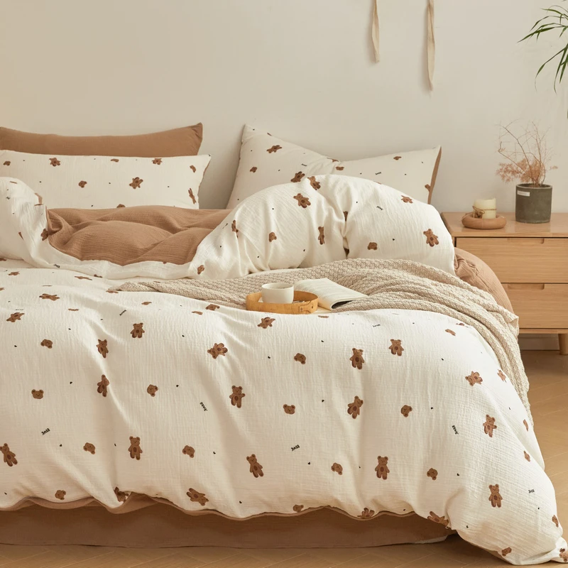 简约A类全棉三层皱皱纱小碎花四件套100纯棉双层纱小清新印花床品