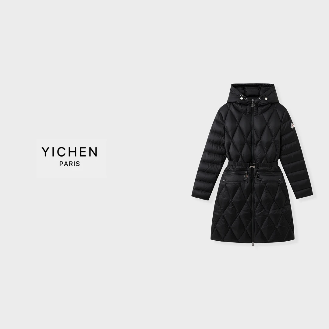 YC 滑雪系列萎格收腰中长款黑色连帽羽绒服-4056