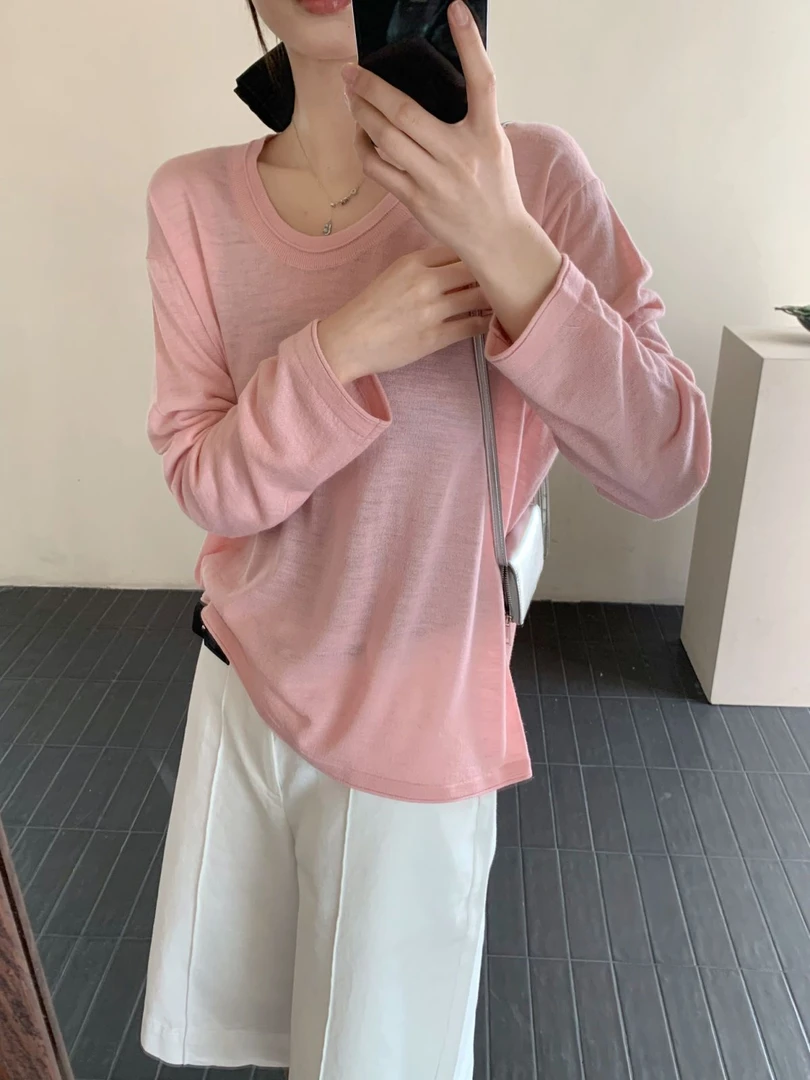 【素简.960191】春款上新幻彩亚麻圆领长袖红人上新混纺针织衫