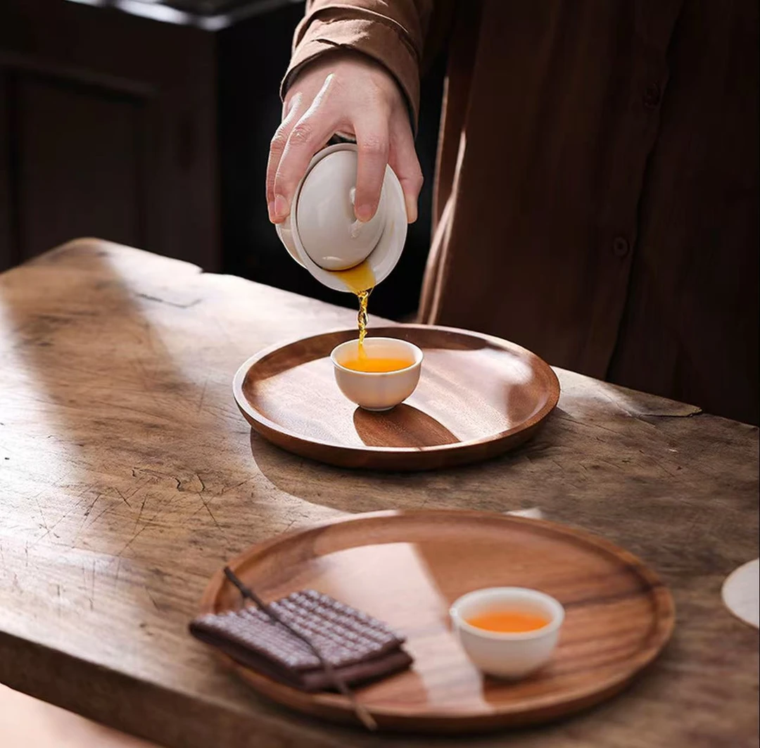 实木圆形家用水果点心咖啡托盘15*15*2甜品南美胡桃木托盘