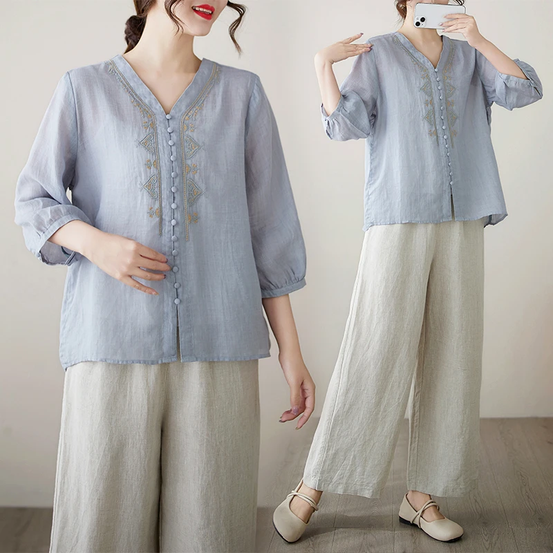 YX#【单/套装】两件套时尚休闲绣花上衣显瘦百搭阔腿裤DY13805