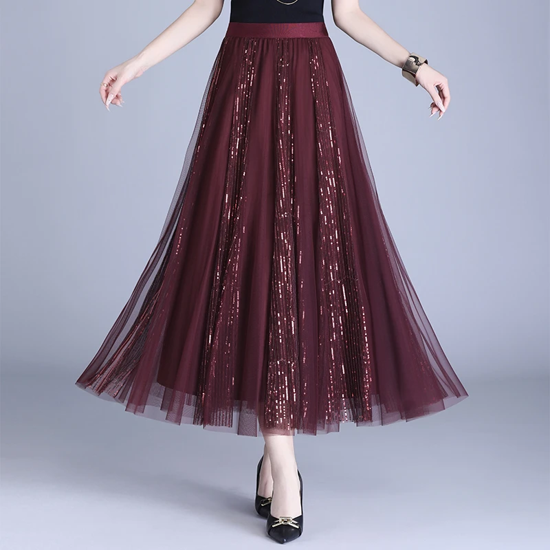 珠片网纱半身裙2025春季新款高腰大摆纱裙遮胯气质显瘦a字裙长裙