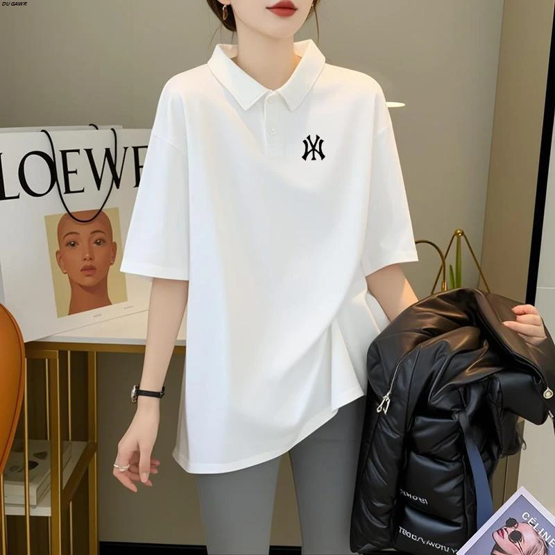 欧货POLO领白色短袖T恤女2025新款夏季遮屁股纯棉内搭打底衫上衣