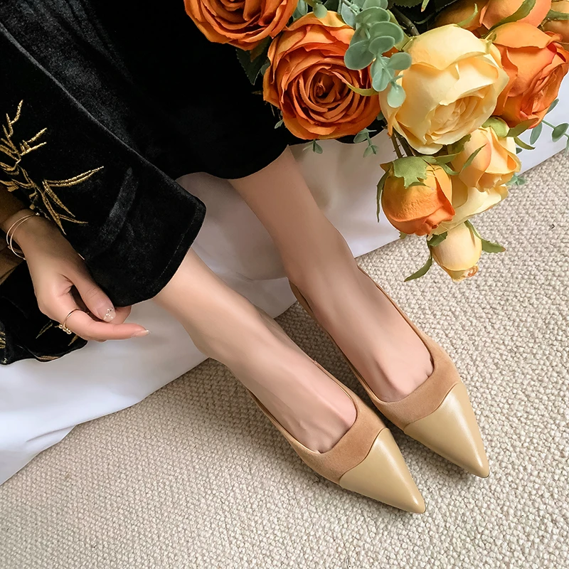 F2053-1/5cm羊翻皮浅口尖头纯色单鞋夏季百搭拼接软底气质法式