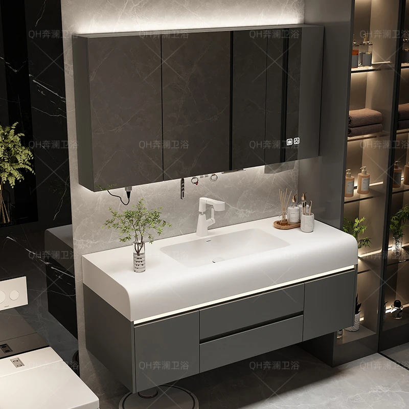 【肤感一体盆】轻奢风实木浴室柜组合卫生间洗脸洗漱台现代简约7308