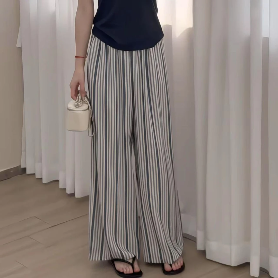 【阿凯自制】8346 韩系高腰显瘦慵懒风条纹休闲阔腿裤（裤长100）