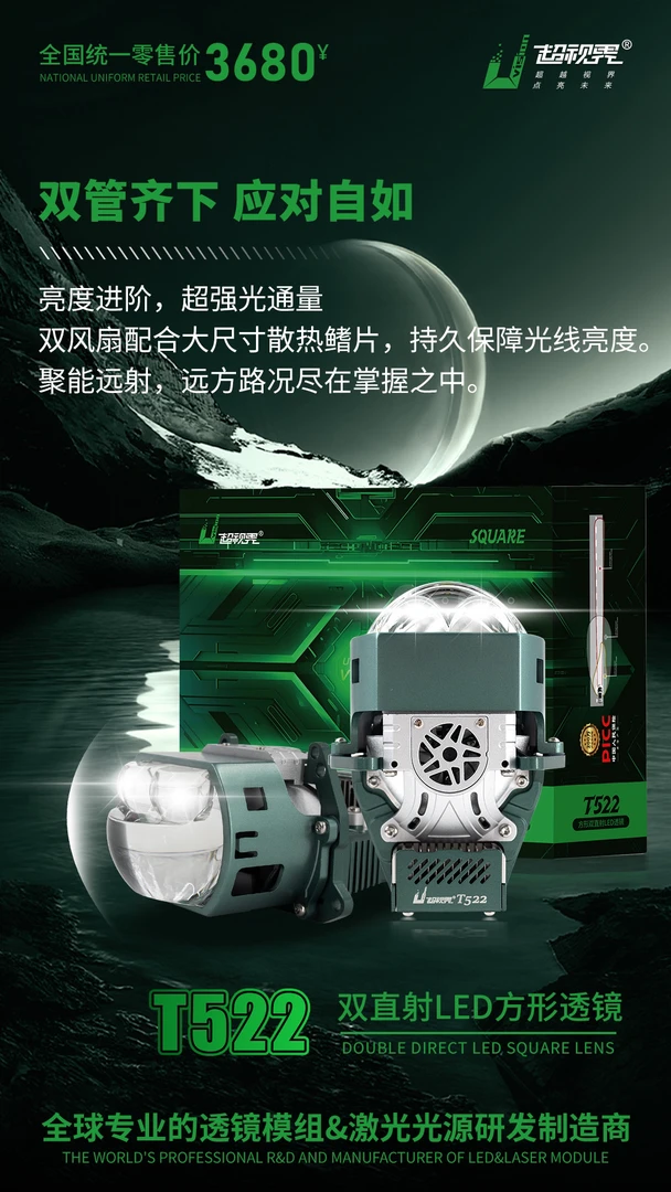 超视界T522双直射方形透镜LED车灯