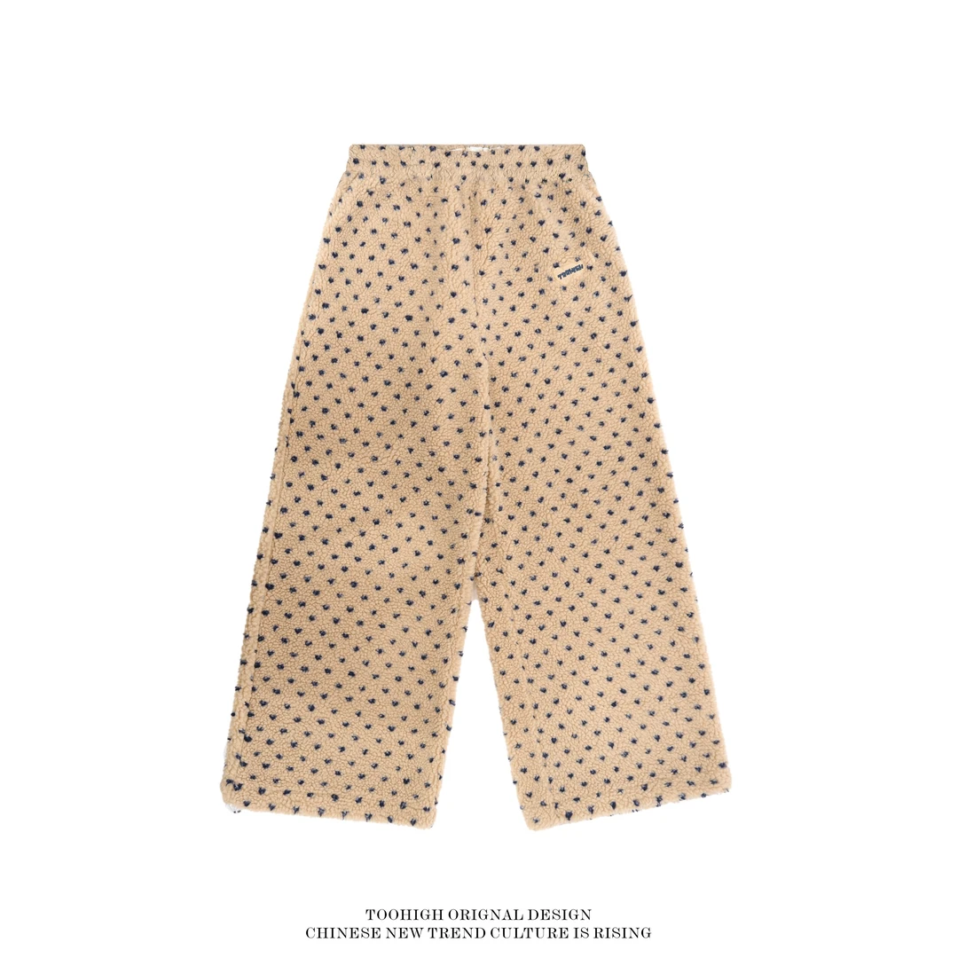 TOOHIGH 韩系羊羔毛小碎花直筒棉裤冬季加厚阔腿慵懒风百搭休闲裤