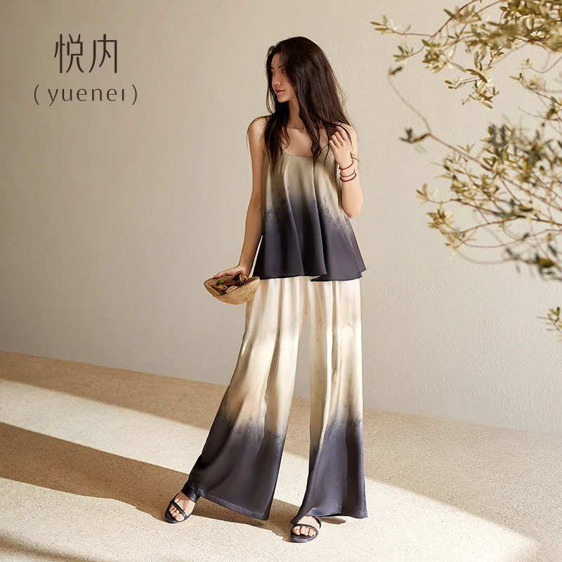 悦内带胸垫睡衣女款夏季夏天吊带背心长裤冰丝家居服仿真丝绸渐变