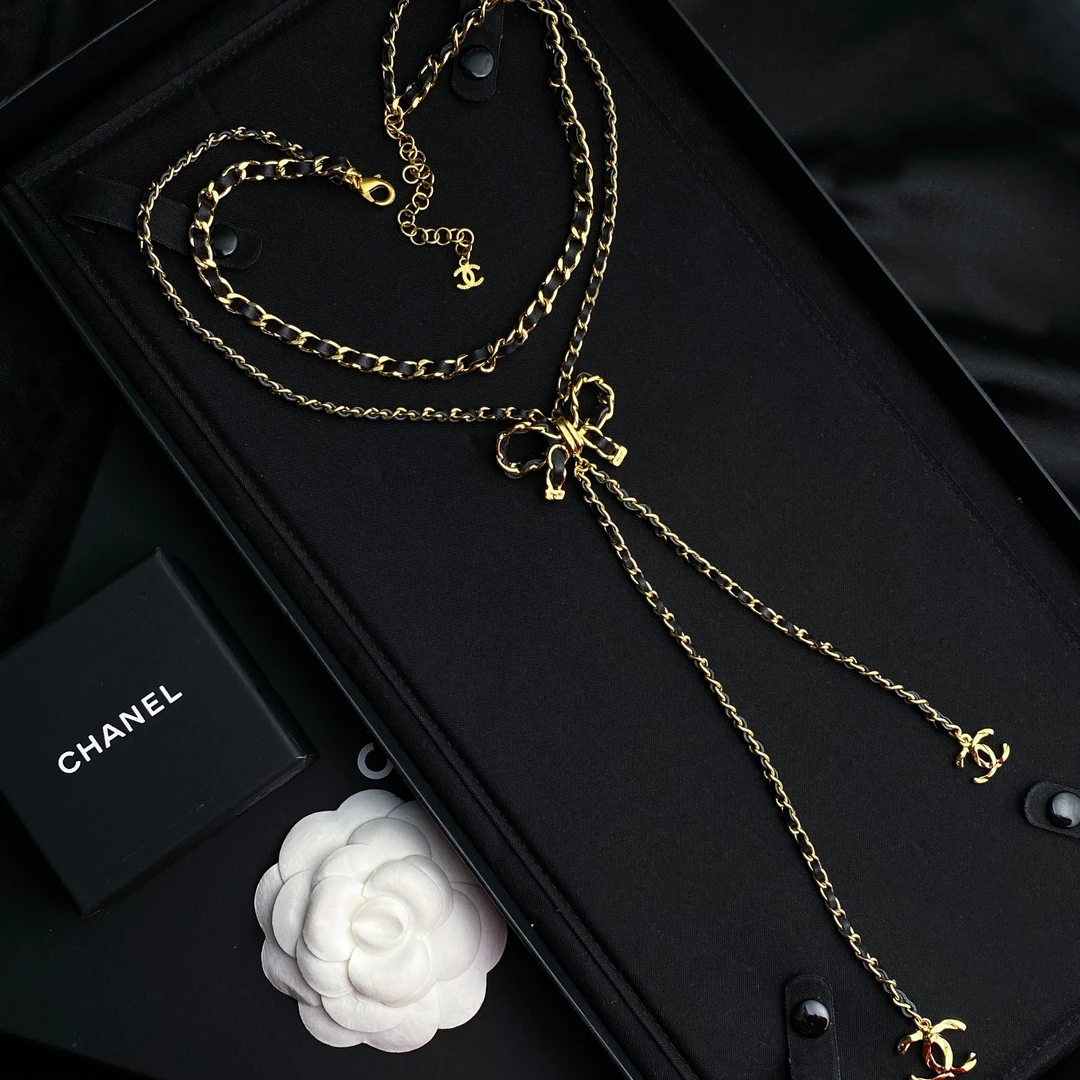 未使用 Chanel/香奈儿 22A经典双C黑金皮穿链蝴蝶结项链S5036