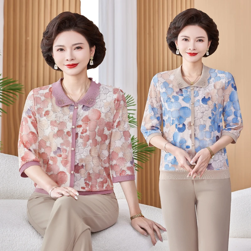 妈妈夏季新款时尚中袖T恤装中老年洋气百搭遮肉薄款小衫