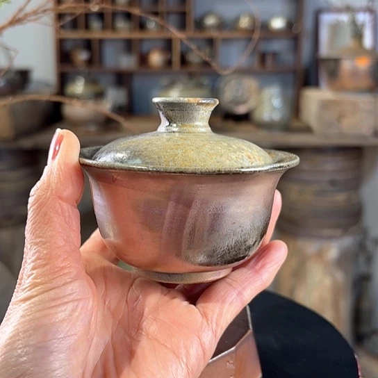 #1753柴烧宝宝盖碗金火彩手工