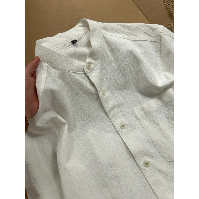 褶皱肌理立领衬衫男短袖夏季慵懒风工装衬衣新中式宽松五分袖外套