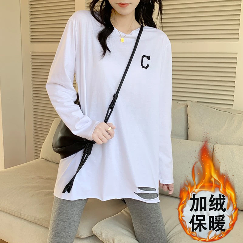 【搭配福利】秋冬加绒中长款打底白T上衣女潮百搭内搭宽松韩版显瘦