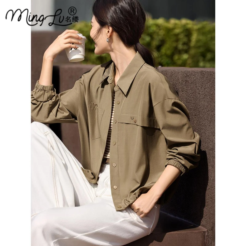 时尚休闲别致抽绳衬衫外套女2025秋季新款基础气质百搭通勤上衣