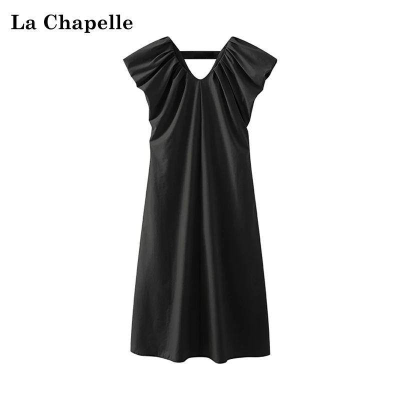 拉夏贝尔时尚法式高级感V领纯色高腰通勤气质显瘦连衣裙夏季新款