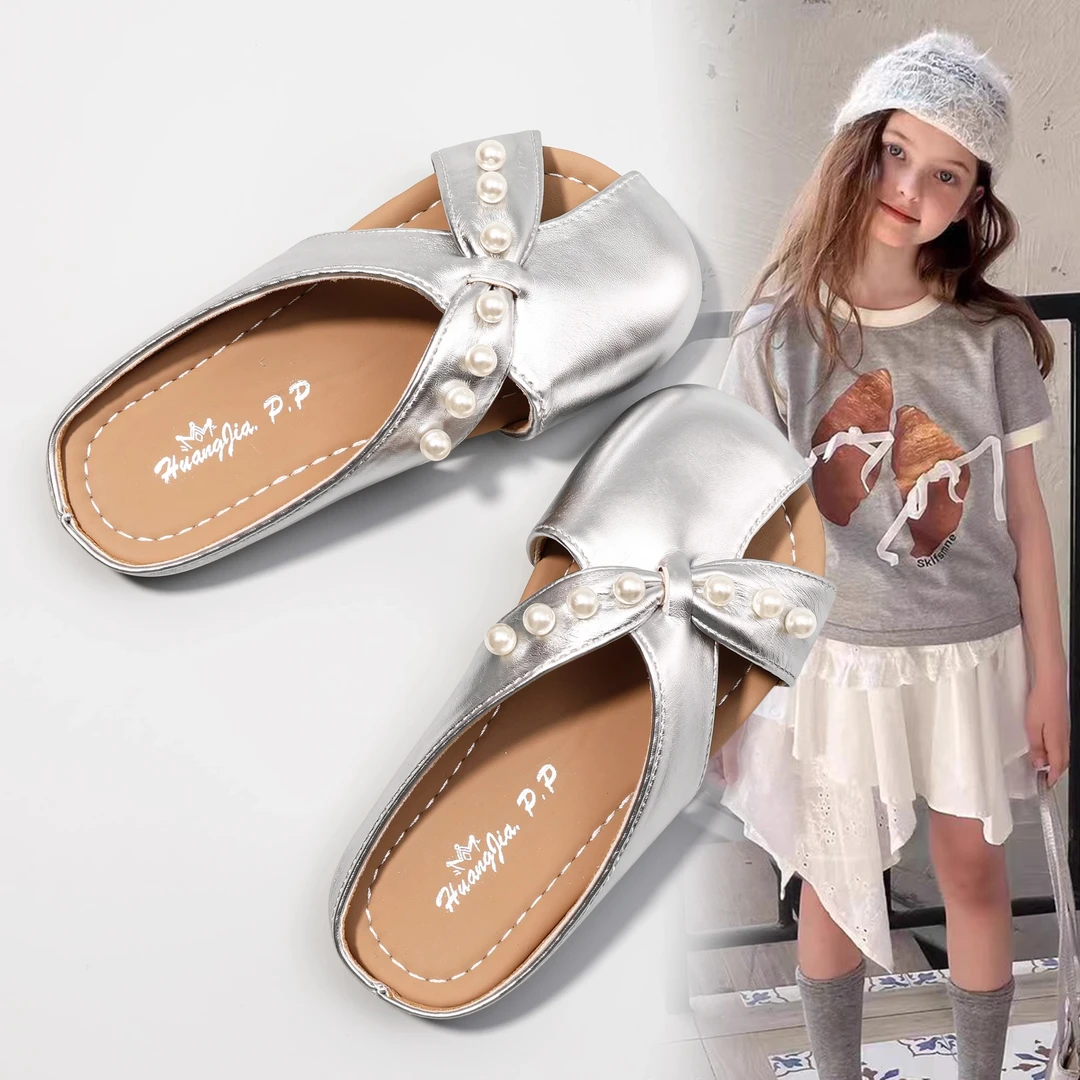 女童拖鞋2025夏季新款儿童时尚法式珍珠一字拖小女孩软底防滑凉拖