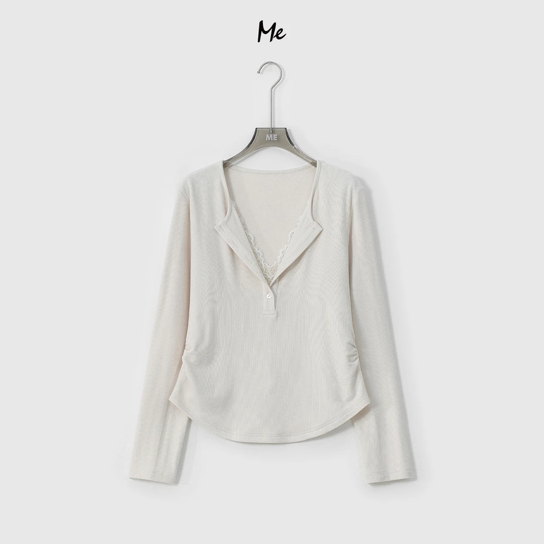 ME【雪芙蕾丝衫（假两件）】超细美利奴羊毛混纺亲肤休闲上衣MESA5749