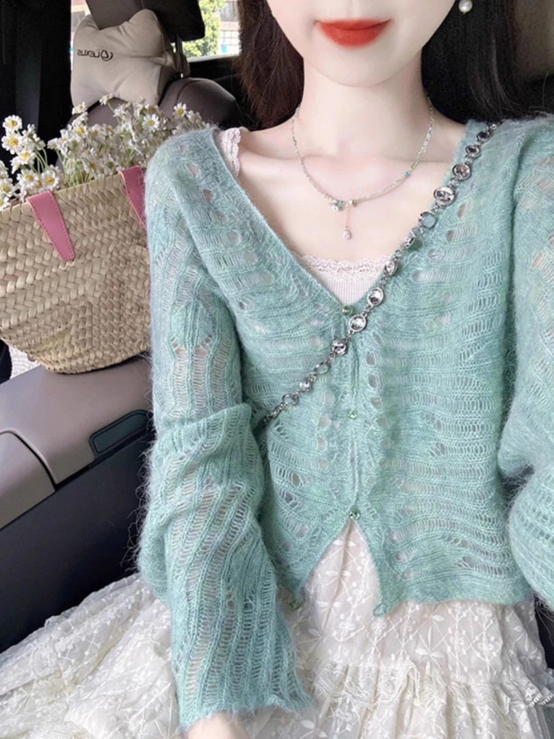 春夏穿搭一整套镂空针织开衫上衣女蕾丝半身裙温柔韩风chic套装女