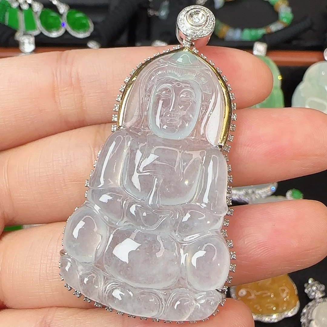 翡翠18K金镶嵌颈饰冰种莫西沙观音