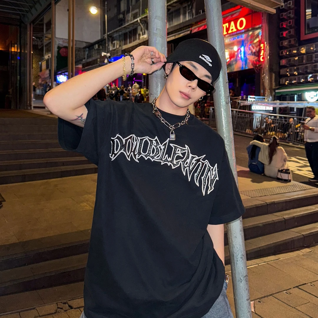 DBoublewin设计感蛇皮纹纯棉短袖T恤男夏季宽松重磅半截袖上衣