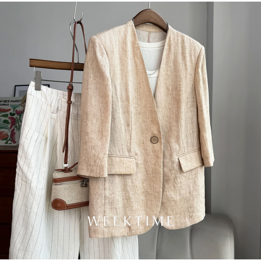 【雾屿】气质通勤无领七分袖亚麻炒色轻盈感休闲西装83862