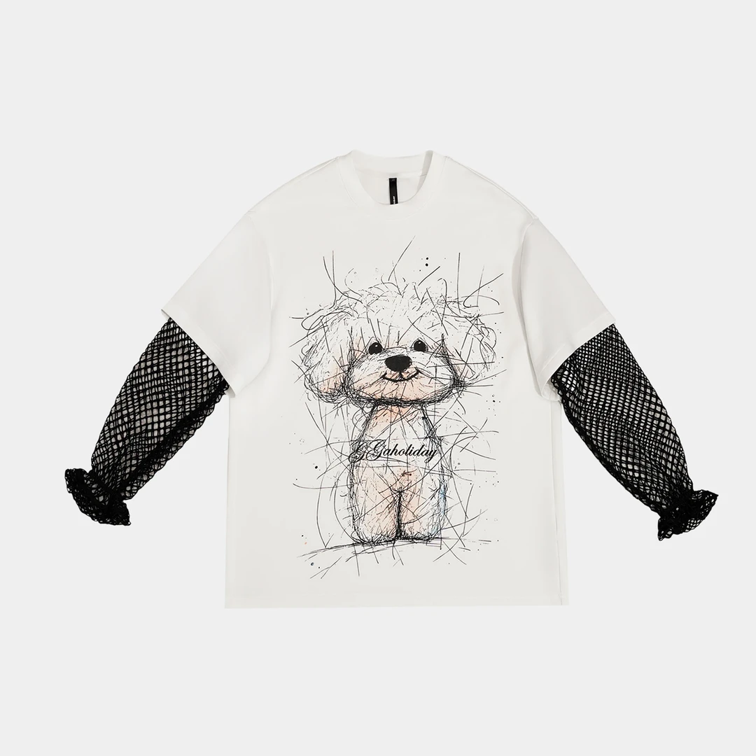 轻奢高级春季街头时尚潮流复古显瘦假两件拼接蕾丝长袖T恤-152297