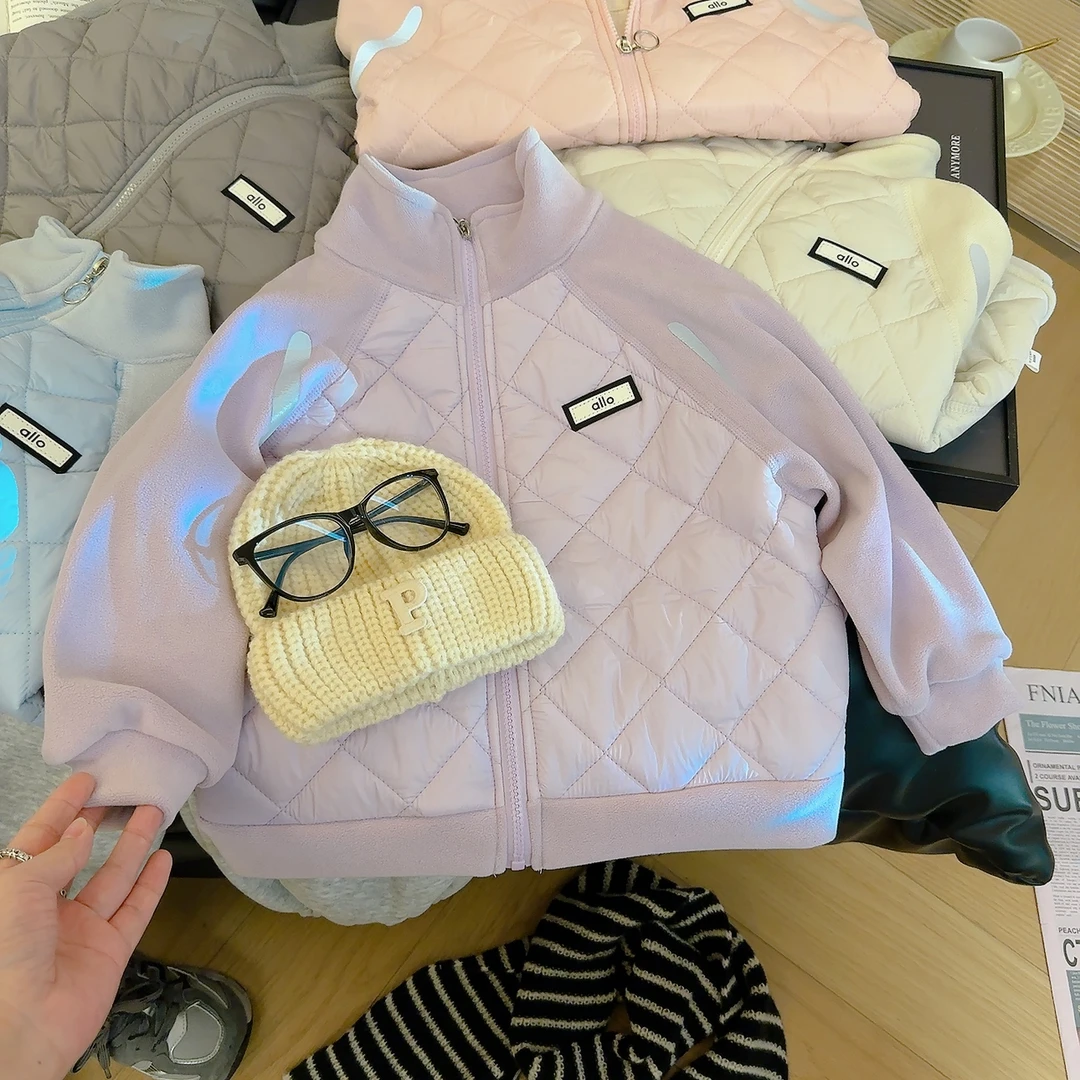 2025韩版女童加绒防风立领菱格外套中大童秋冬棉服上衣校服神器