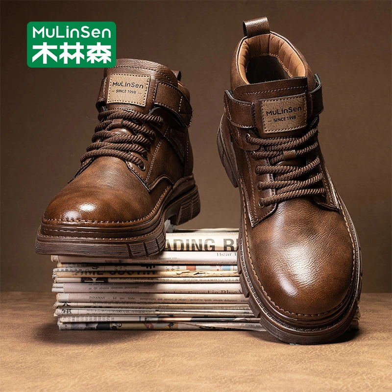 木林森马丁靴男2025新款秋季复古高帮英伦防滑厚底耐磨男士工装靴