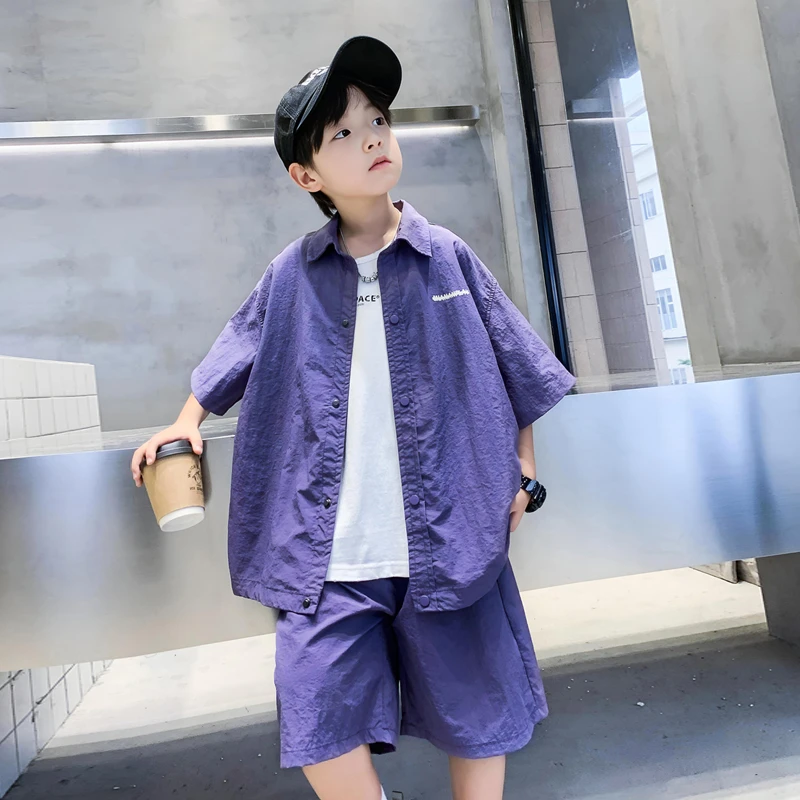 男童夏季短袖衬衫套装2025新款儿童衣服中大童夏装衬衣半袖潮童装