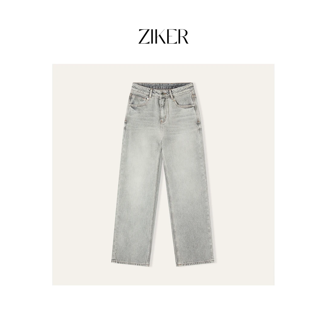 ZIKER｜BC｜意大利牛仔面料重工水洗磨白高腰直筒牛仔裤（套袋机洗）