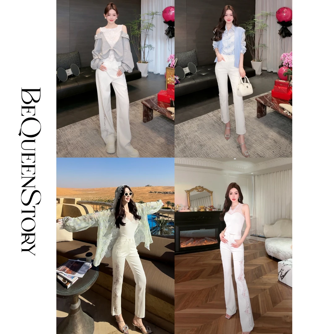 余潇潇【漫步生花】棉天丝混纺拼接白色蕾丝牛仔裤2025