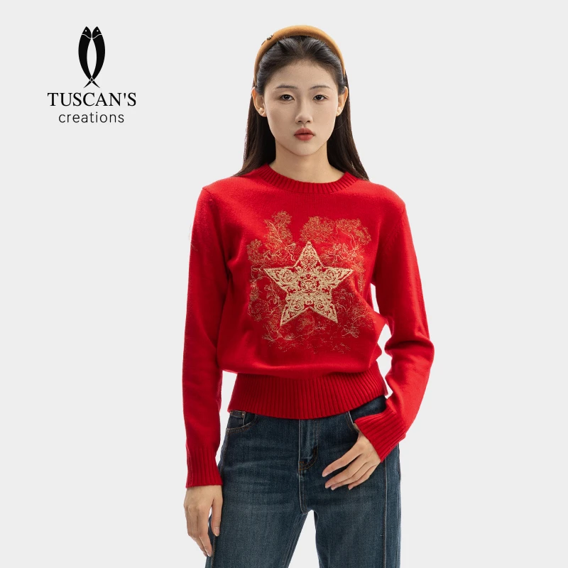 TUSCAN'S CREATIONS时尚百搭刺绣五角星圆领羊毛女款长袖毛衣