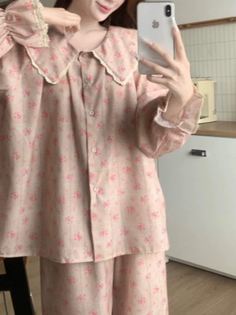 韩系ins甜美碎花娃娃领睡衣女春夏季宫廷风蕾丝花边家居服套装