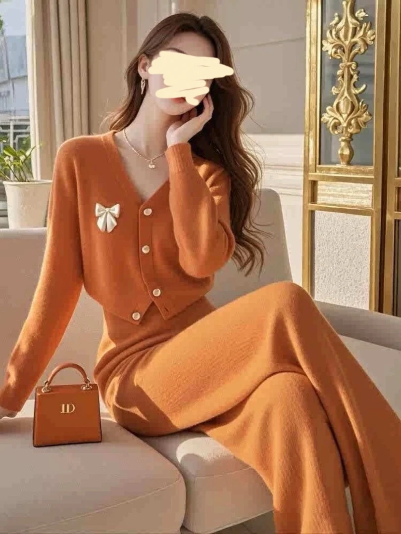 1957 【两件套】落日橘 · 韩系复古气质毛衣开衫+阔腿裤套装（J26）