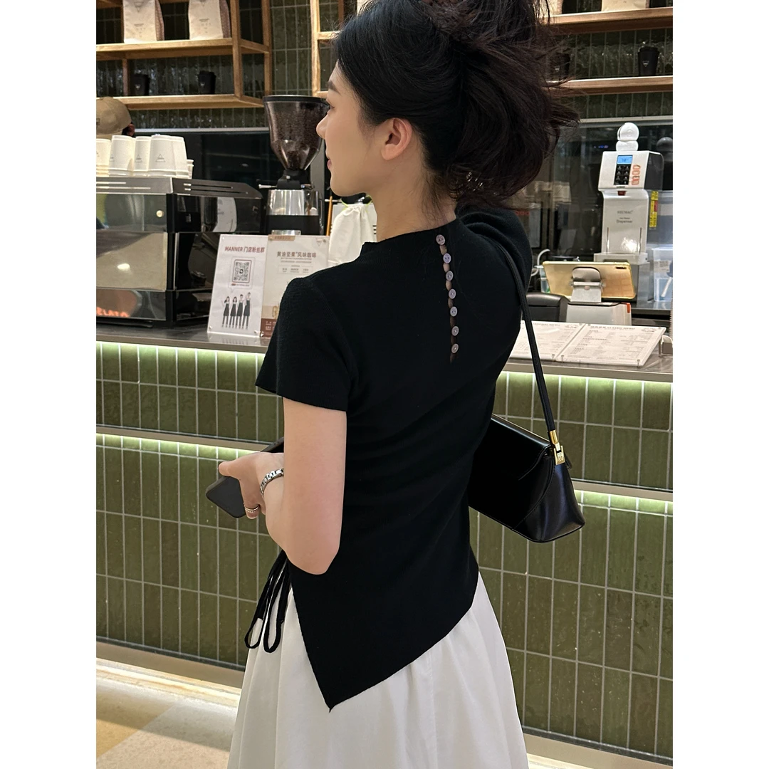 春夏时尚百搭两穿抽绳女装修身短袖毛针织衫上衣