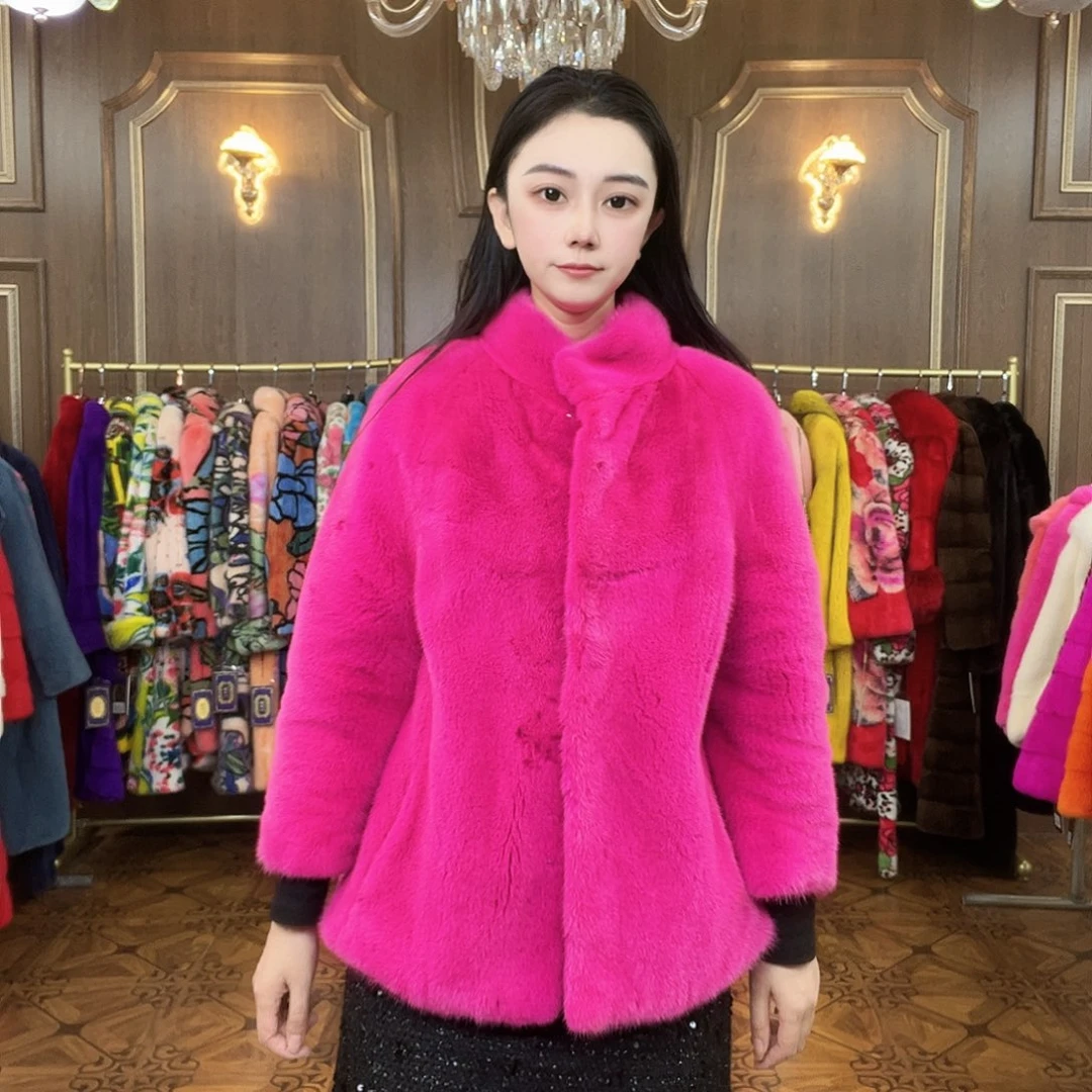 红龙果色短款纯色水貂