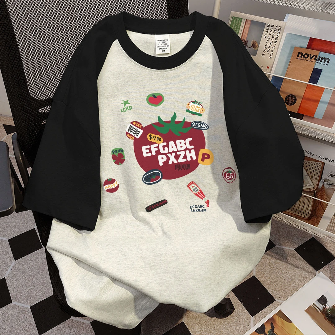 夏季宽松胖MM百搭拼色上衣短袖新款休闲风小众2-300斤大码女装T恤