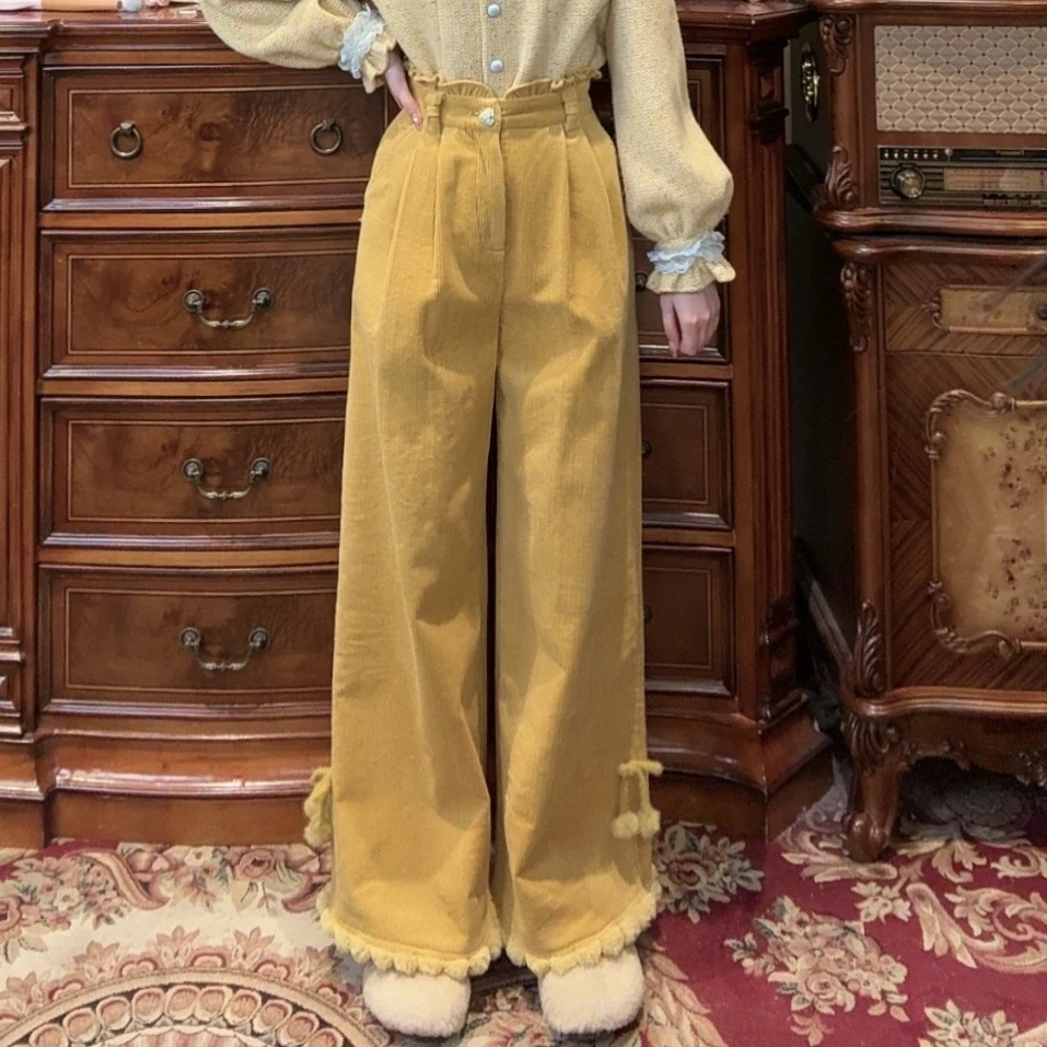 现货【一生罗曼】加绒加厚温柔气质百搭显瘦后腰松紧腰阔腿长裤K525