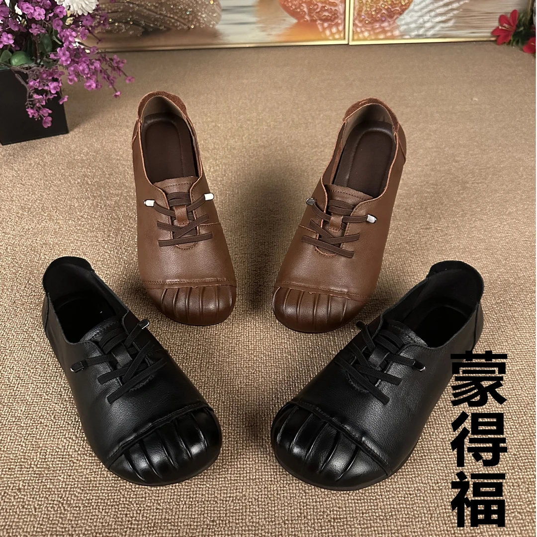 休闲豆豆鞋一脚蹬防滑拼色单鞋平跟休闲风交叉绑带圆头复古妈妈鞋